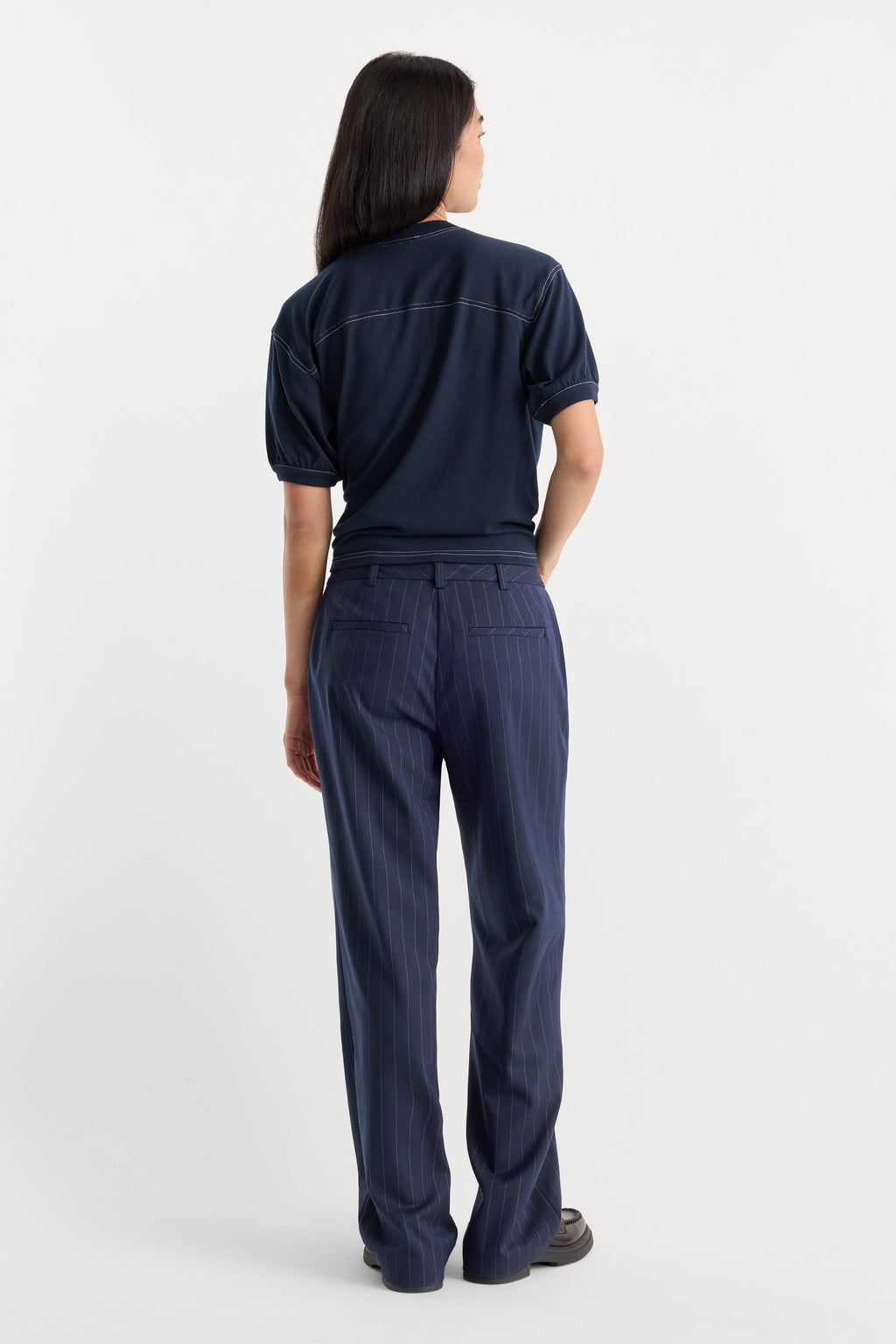 Luxury THE LOW RISE STRAIGHT LEG TROUSER NAVY PINSTRIPE