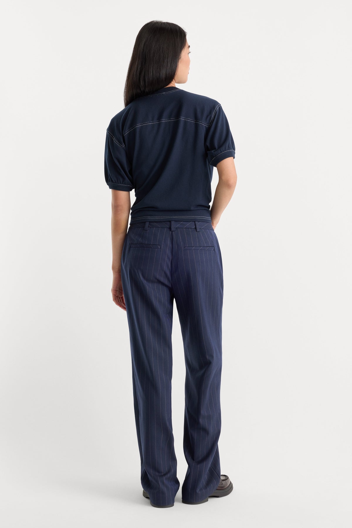 Luxury THE LOW RISE STRAIGHT LEG TROUSER NAVY PINSTRIPE