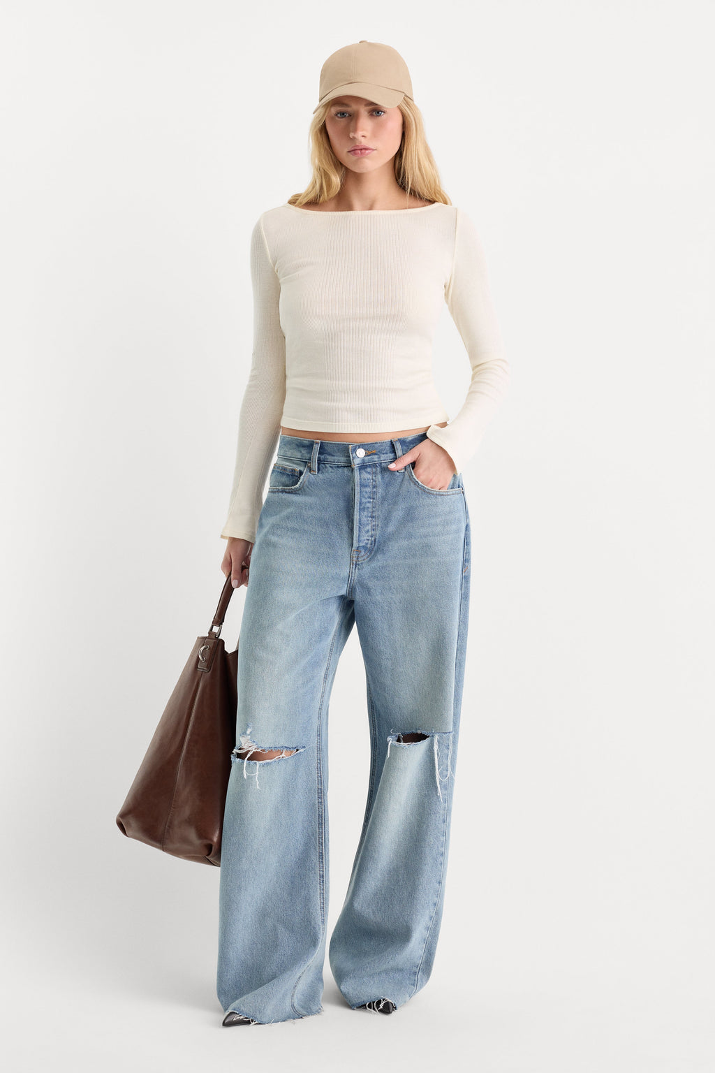 Luxury THE VARIEGATED RIB LONG SLEEVE TOP CHALK