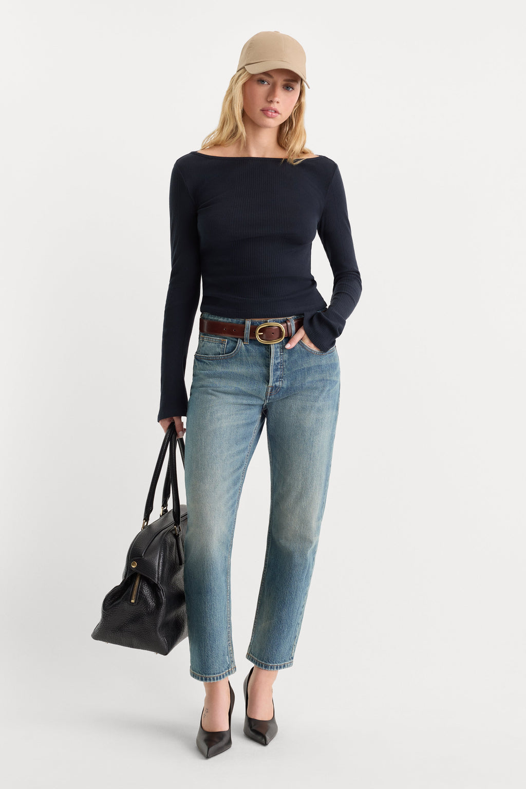 Luxury THE VARIEGATED RIB LONG SLEEVE TOP NEW NAVY002