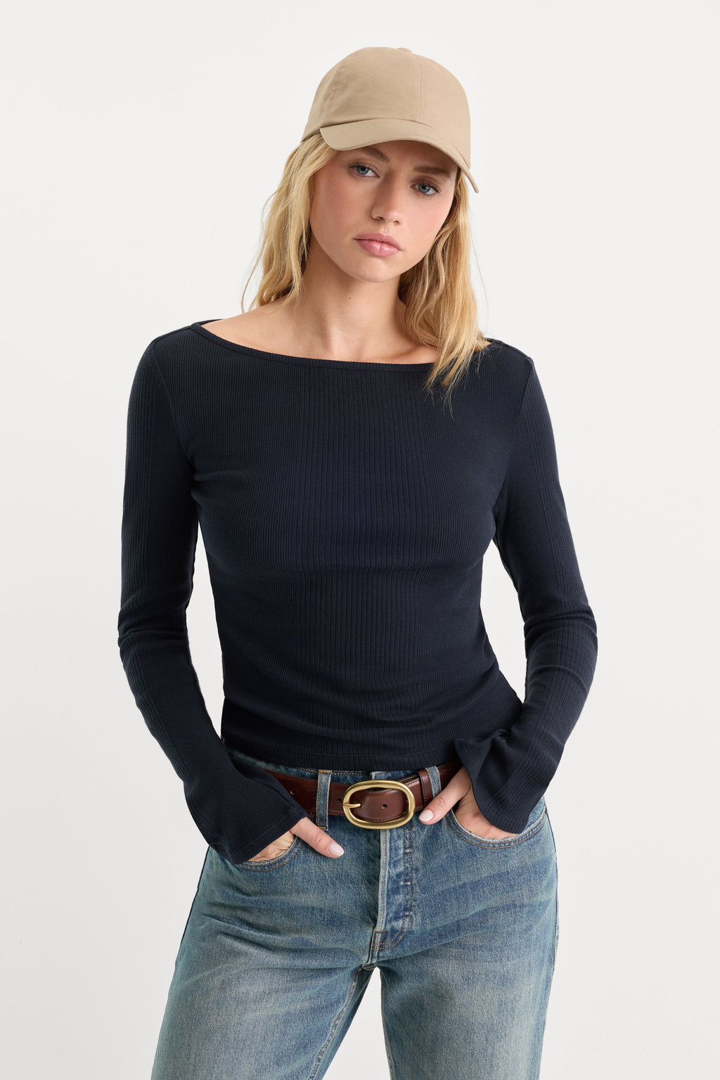 Luxury THE VARIEGATED RIB LONG SLEEVE TOP NEW NAVY002