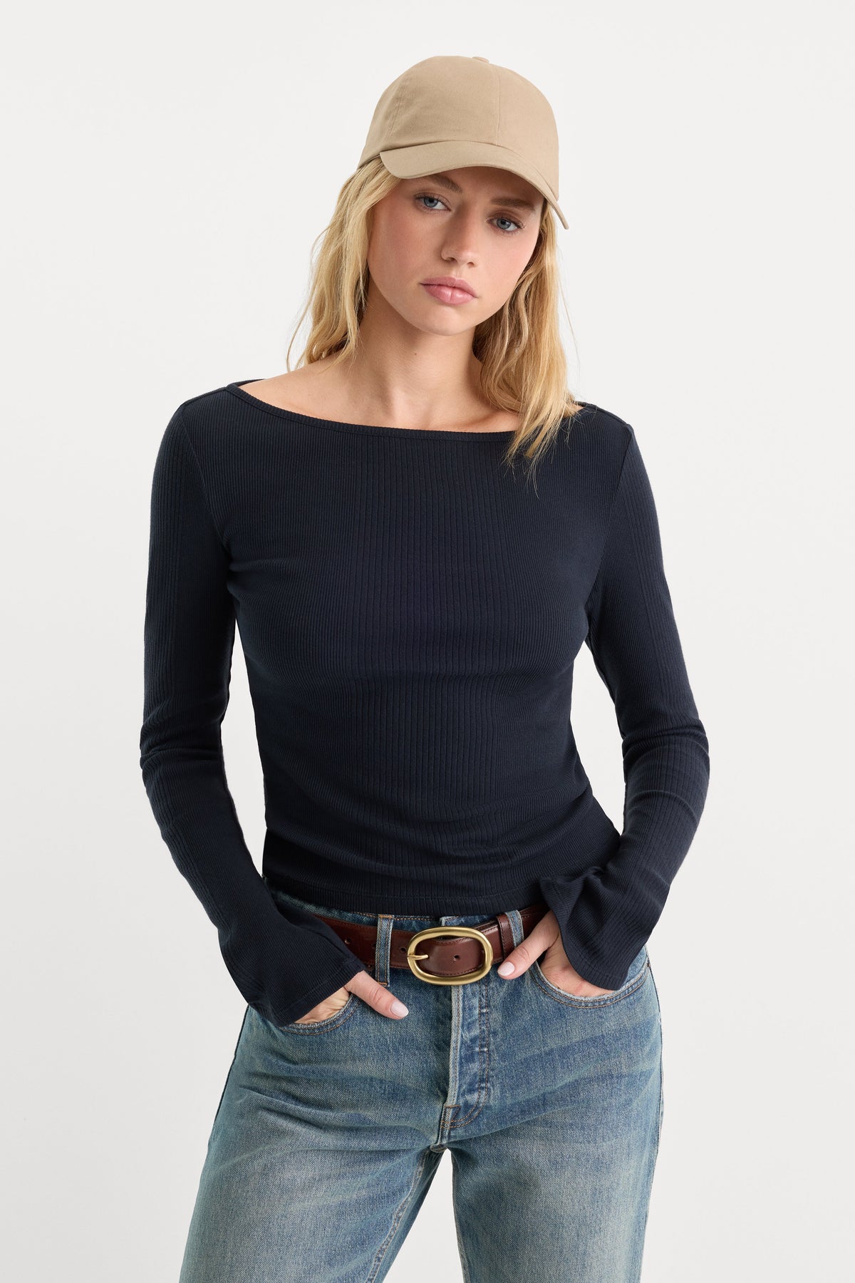 Luxury THE VARIEGATED RIB LONG SLEEVE TOP NEW NAVY002