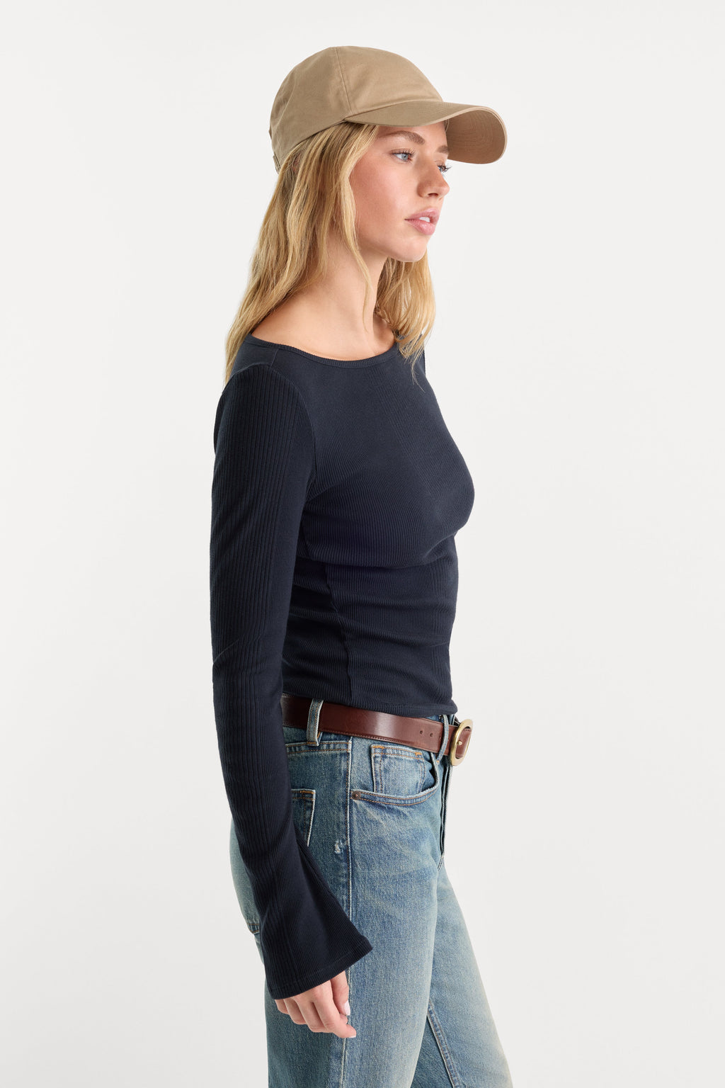Luxury THE VARIEGATED RIB LONG SLEEVE TOP NEW NAVY002
