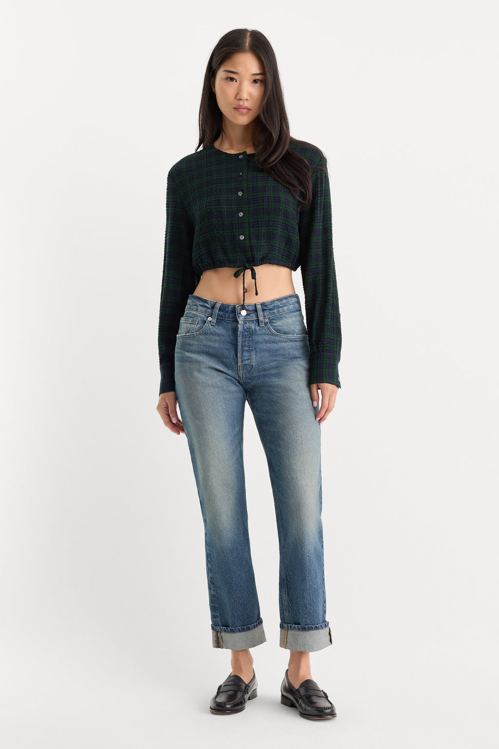 Luxury THE CRINKLE CINCHED SHIRT FOREST PLAID