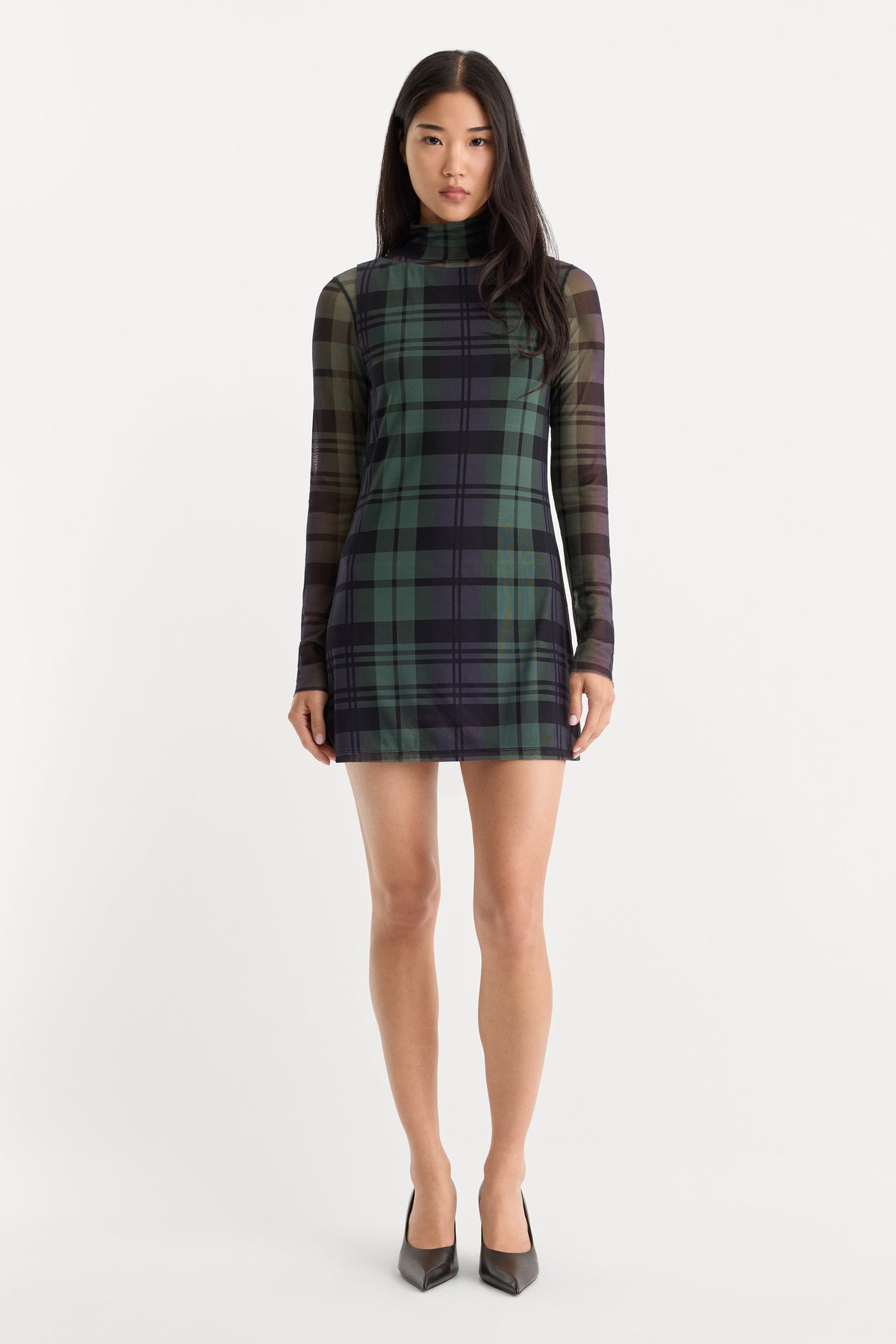 Luxury THE MESH MINI DRESS NAVY AND GREEN PLAID