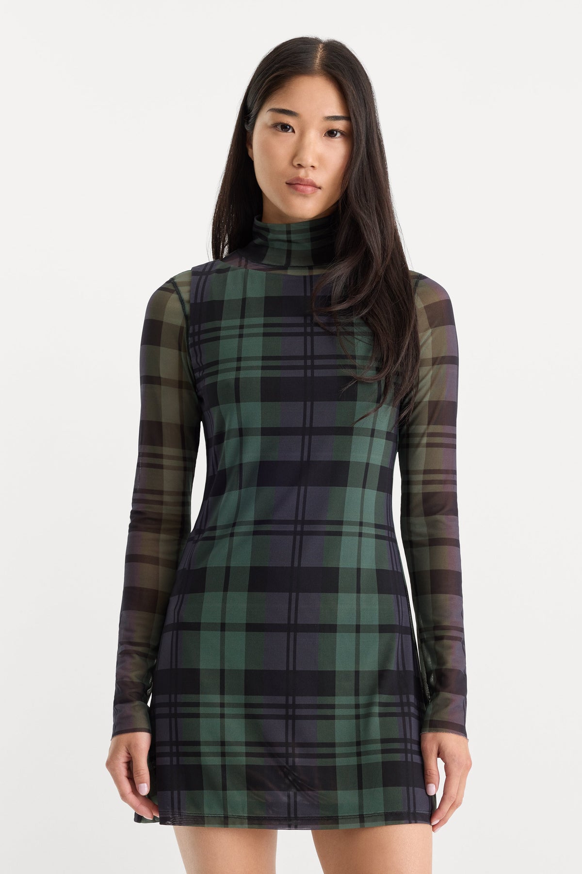 Luxury THE MESH MINI DRESS NAVY AND GREEN PLAID