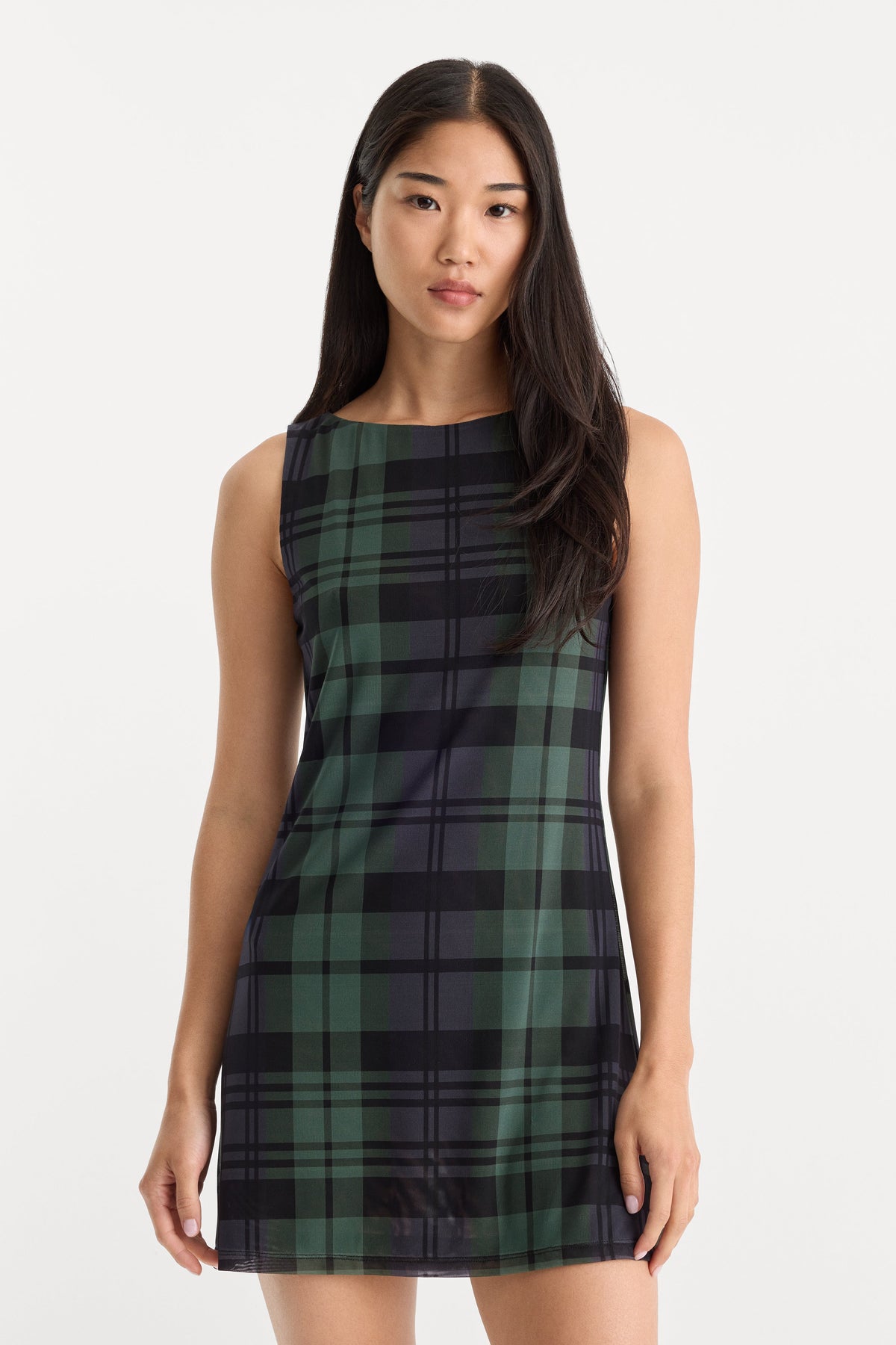 Luxury THE MESH MINI DRESS NAVY AND GREEN PLAID
