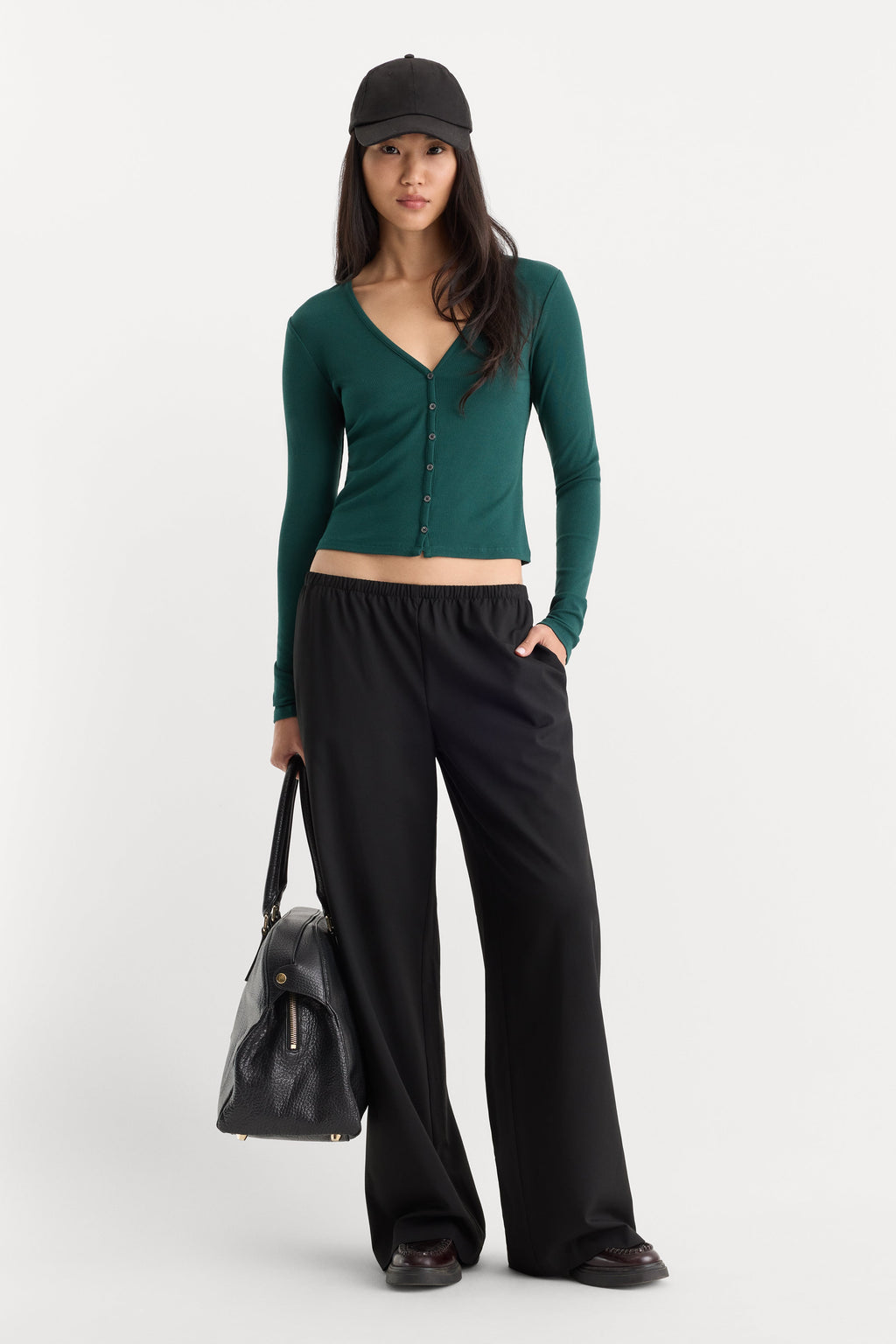 Luxury THE RIB V NECK CARDIGAN FOREST GREEN