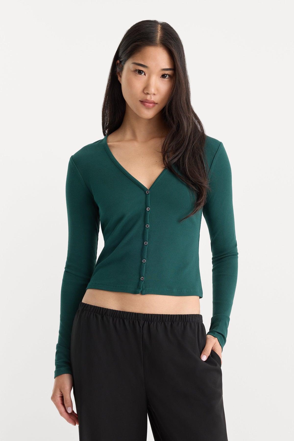 Luxury THE RIB V NECK CARDIGAN FOREST GREEN