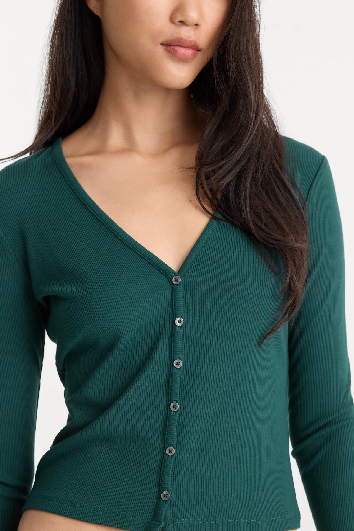 Luxury THE RIB V NECK CARDIGAN FOREST GREEN