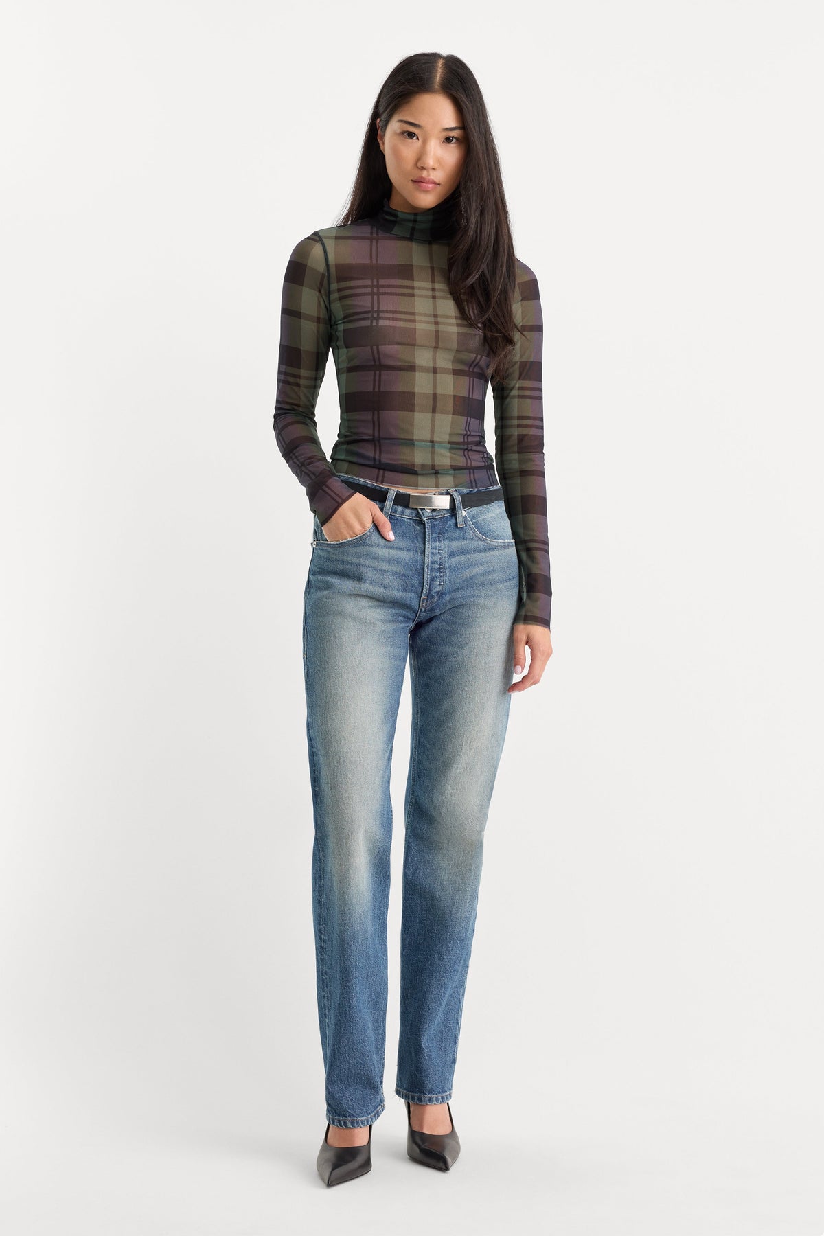 Luxury THE MESH TURTLENECK NAVY AND GREEN PLAID