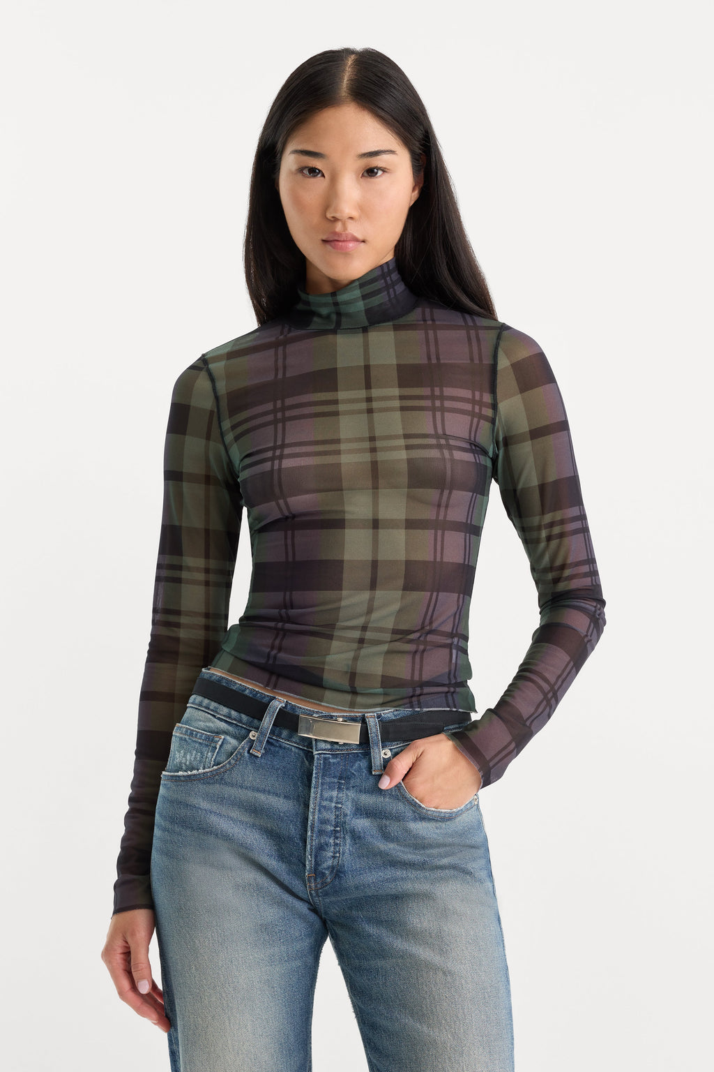 Luxury THE MESH TURTLENECK NAVY AND GREEN PLAID
