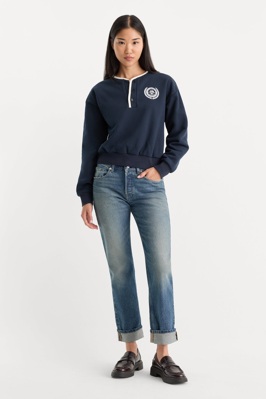 Luxury THE BRUSHED FLEECE HENLEY NEW NAVY