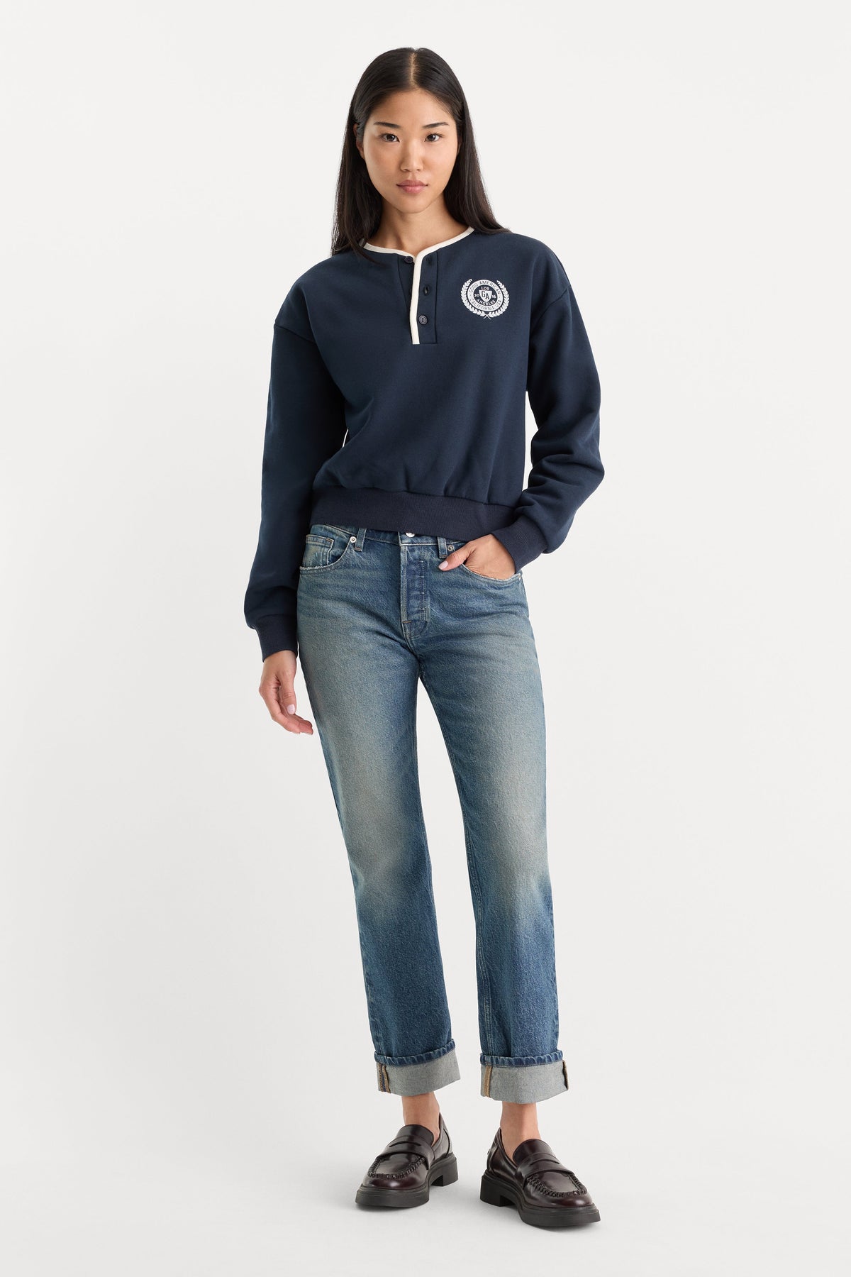 Luxury THE BRUSHED FLEECE HENLEY NEW NAVY
