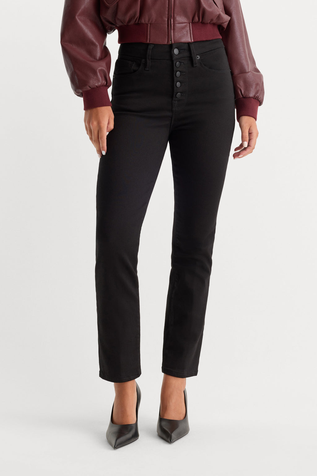 Luxury NEVER FADE BUTTON FRONT GOOD LEGS STRAIGHT JEANS BLACK001