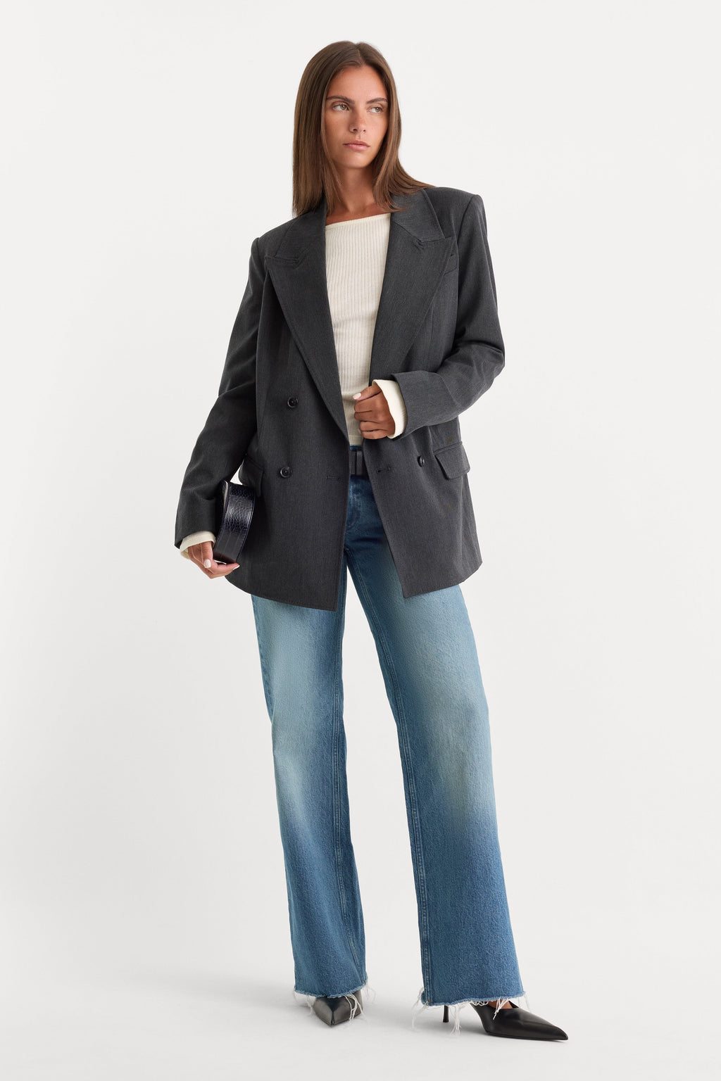 Luxury ESSENTIAL SUITING OVERSIZED DOUBLE BREASTED BLAZER DARK HEATHER GRAY