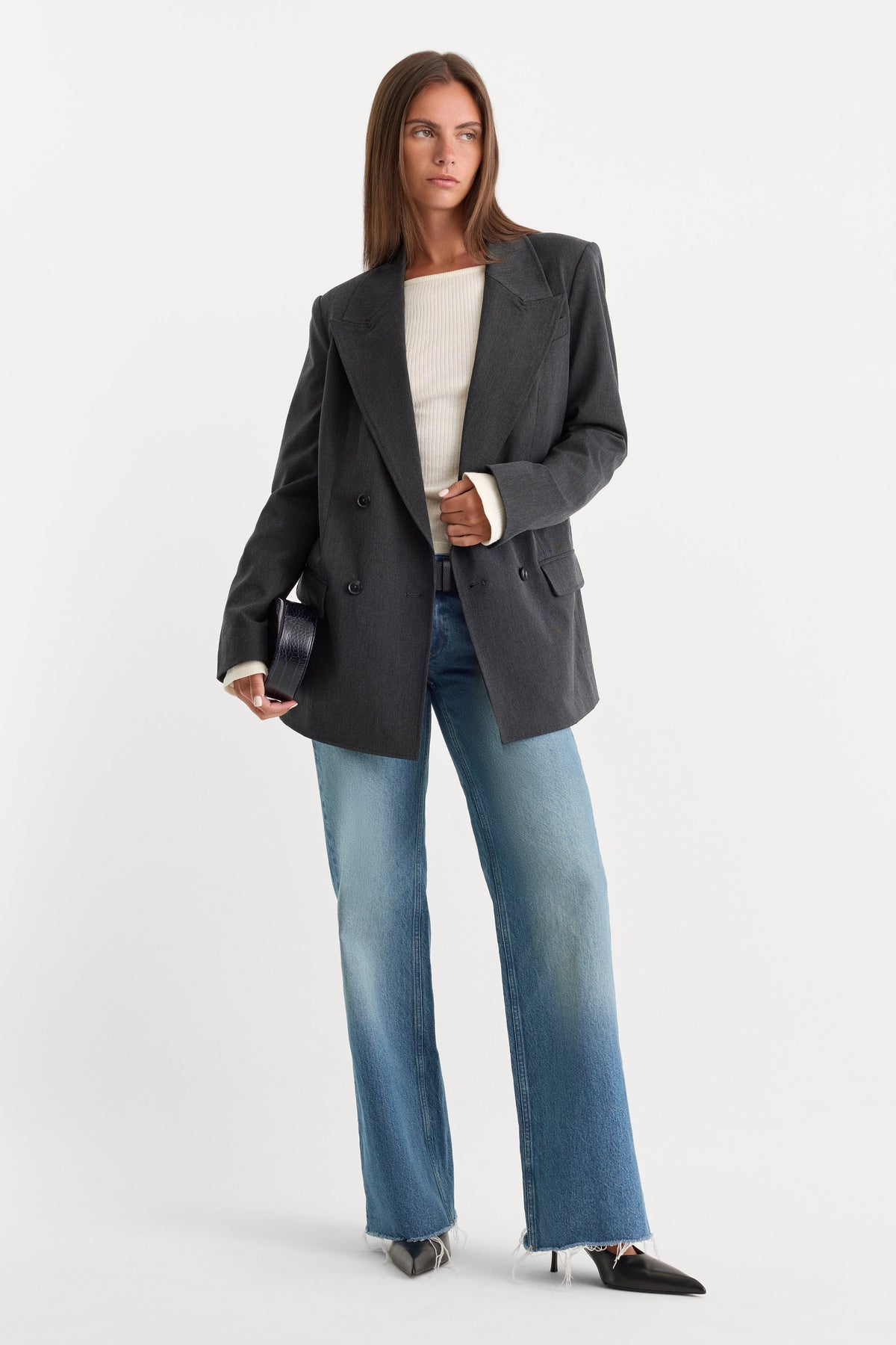 Luxury ESSENTIAL SUITING OVERSIZED DOUBLE BREASTED BLAZER DARK HEATHER GRAY