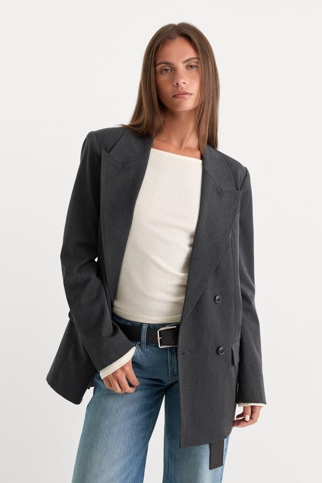 Luxury ESSENTIAL SUITING OVERSIZED DOUBLE BREASTED BLAZER DARK HEATHER GRAY