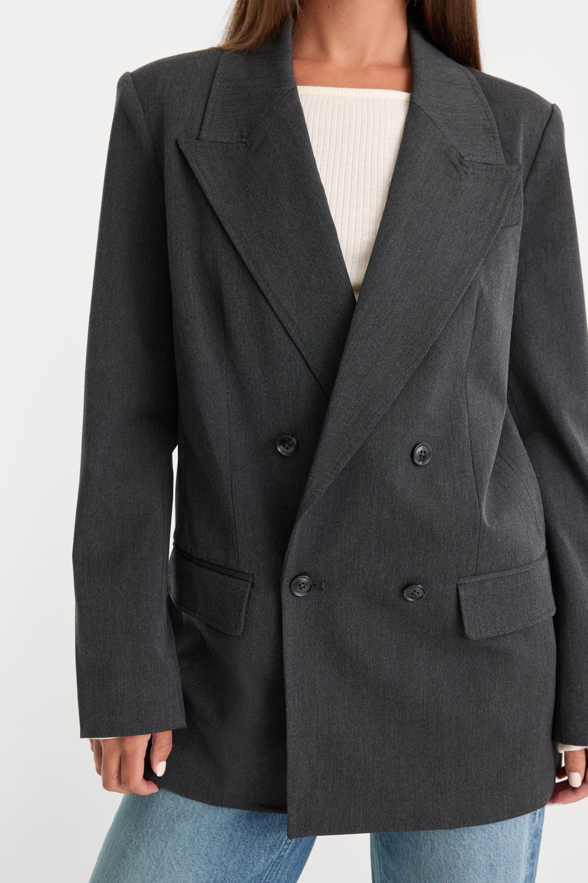 Luxury ESSENTIAL SUITING OVERSIZED DOUBLE BREASTED BLAZER DARK HEATHER GRAY