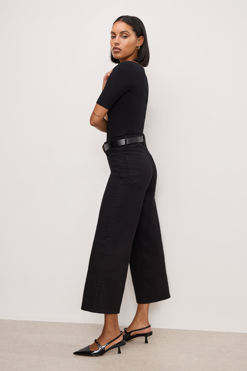 Luxury NEVER FADE GOOD WAIST CROPPED PALAZZO JEANS BLACK001
