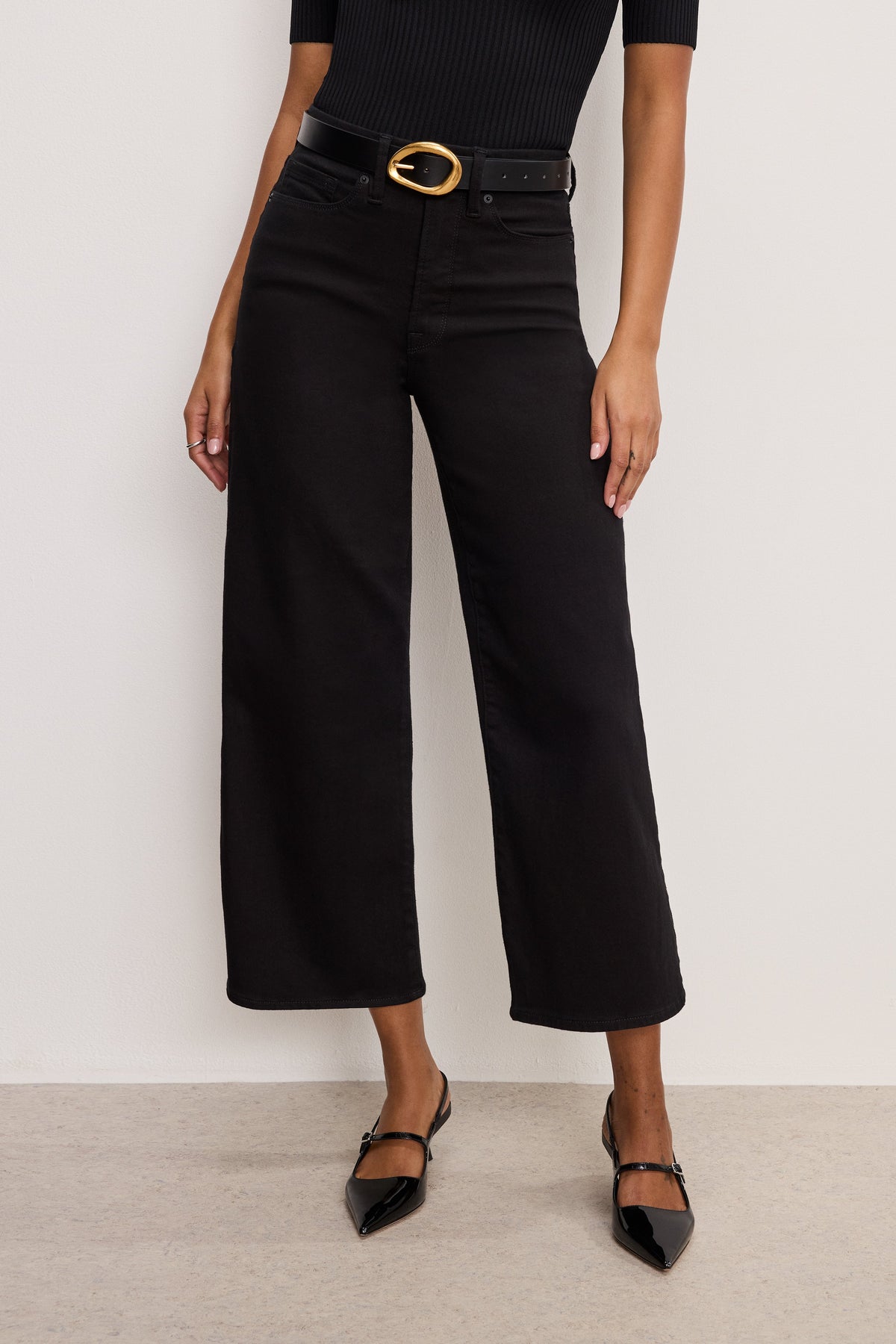 Luxury NEVER FADE GOOD WAIST CROPPED PALAZZO JEANS BLACK001