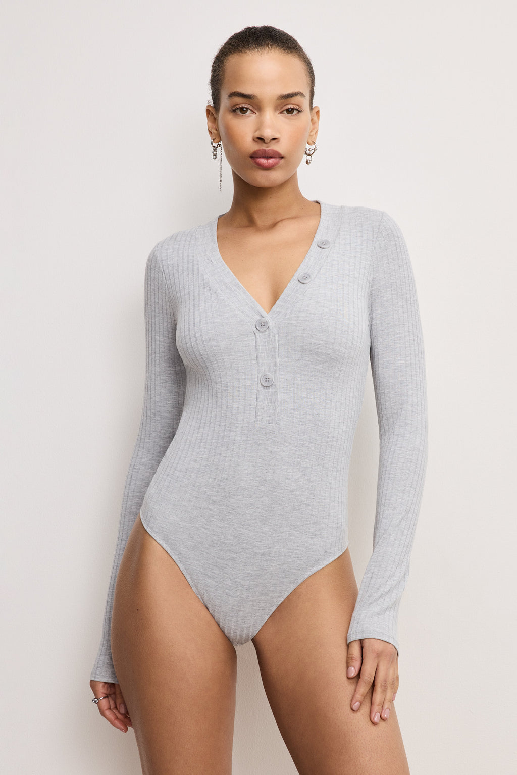 Luxury RIBBED HENLEY BODYSUIT HEATHER GREY001