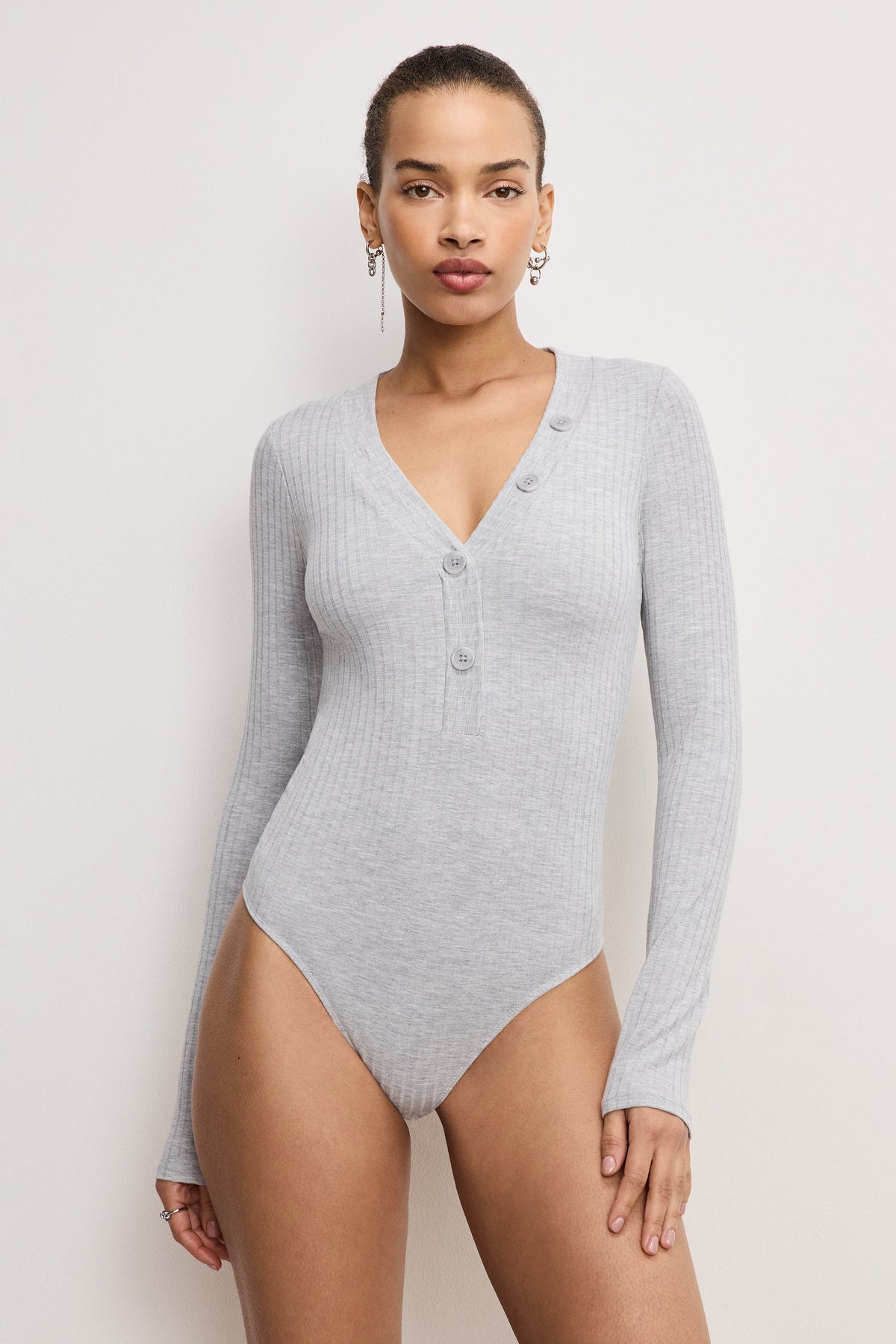 Luxury RIBBED HENLEY BODYSUIT HEATHER GREY001