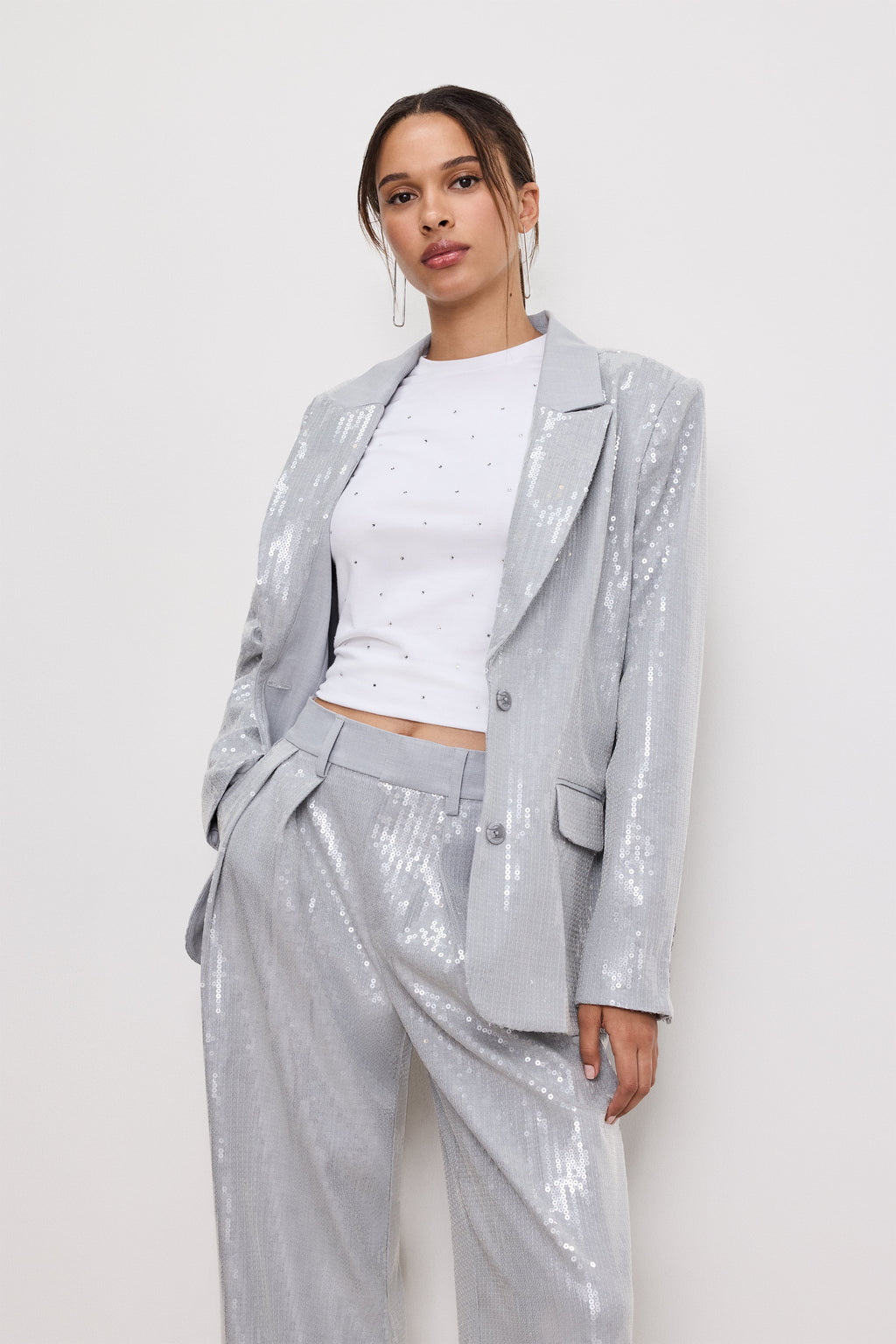 Luxury SEQUIN OVERSIZED BLAZER HEATHER GREY001