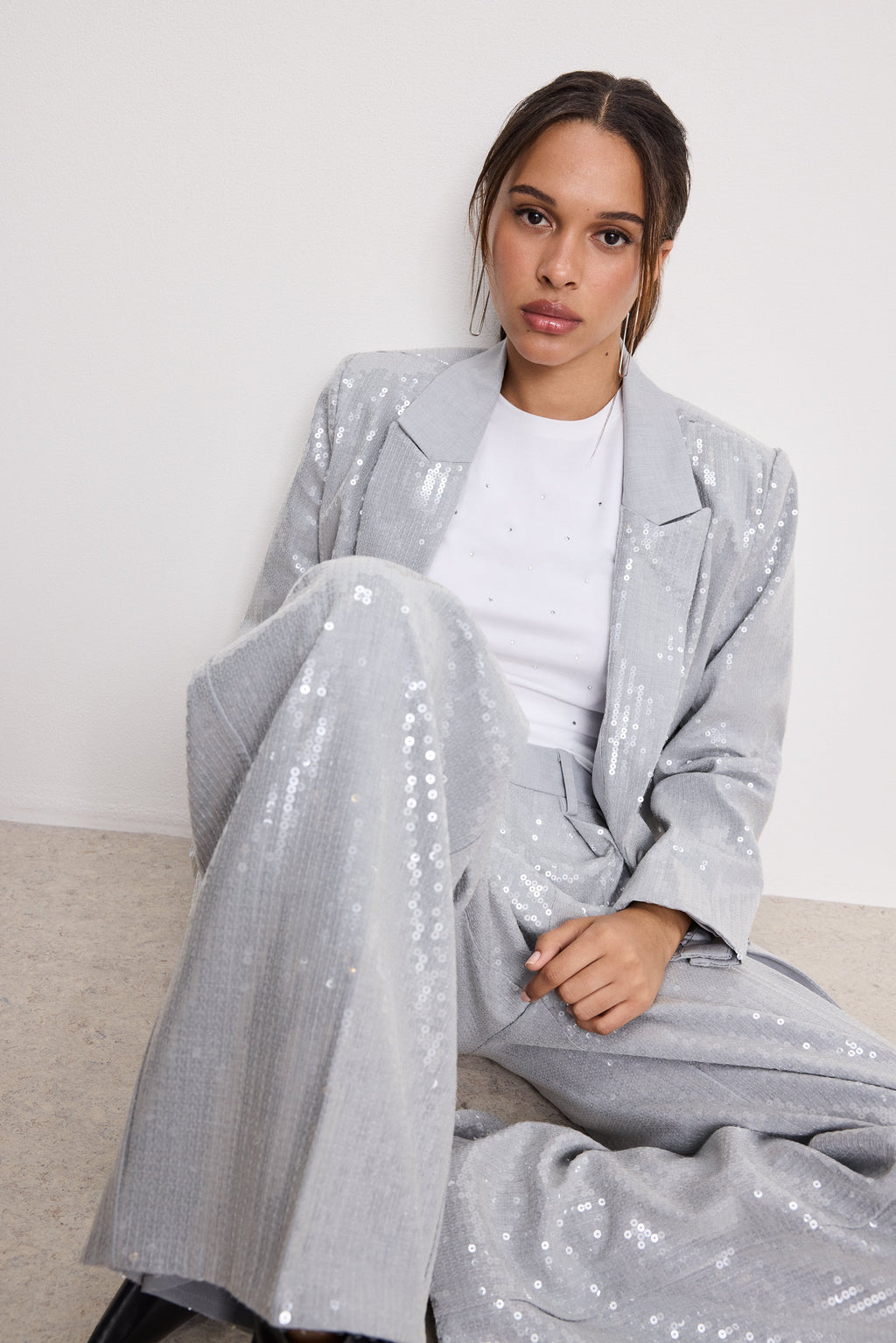 Luxury SEQUIN OVERSIZED BLAZER HEATHER GREY001