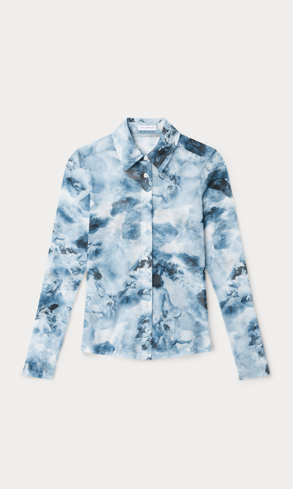 Luxury MESH BUTTON UP TOP BLUE ANGEL PRINT