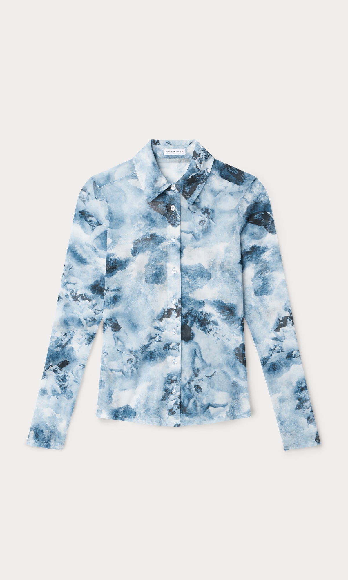 Luxury MESH BUTTON UP TOP BLUE ANGEL PRINT