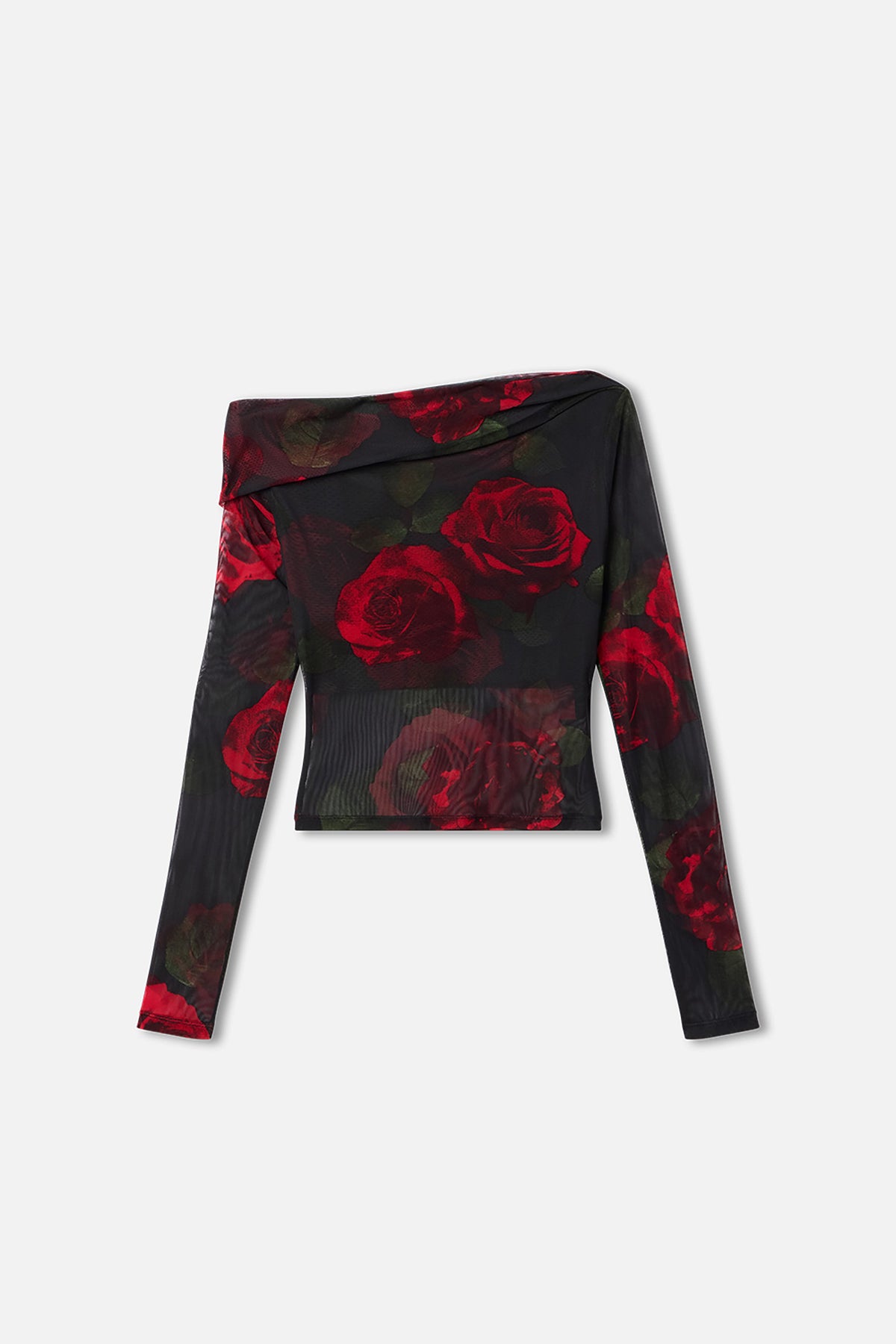 Luxury MESH RUCHED ASYMMETRIC TOP MOODY RED ROSES001