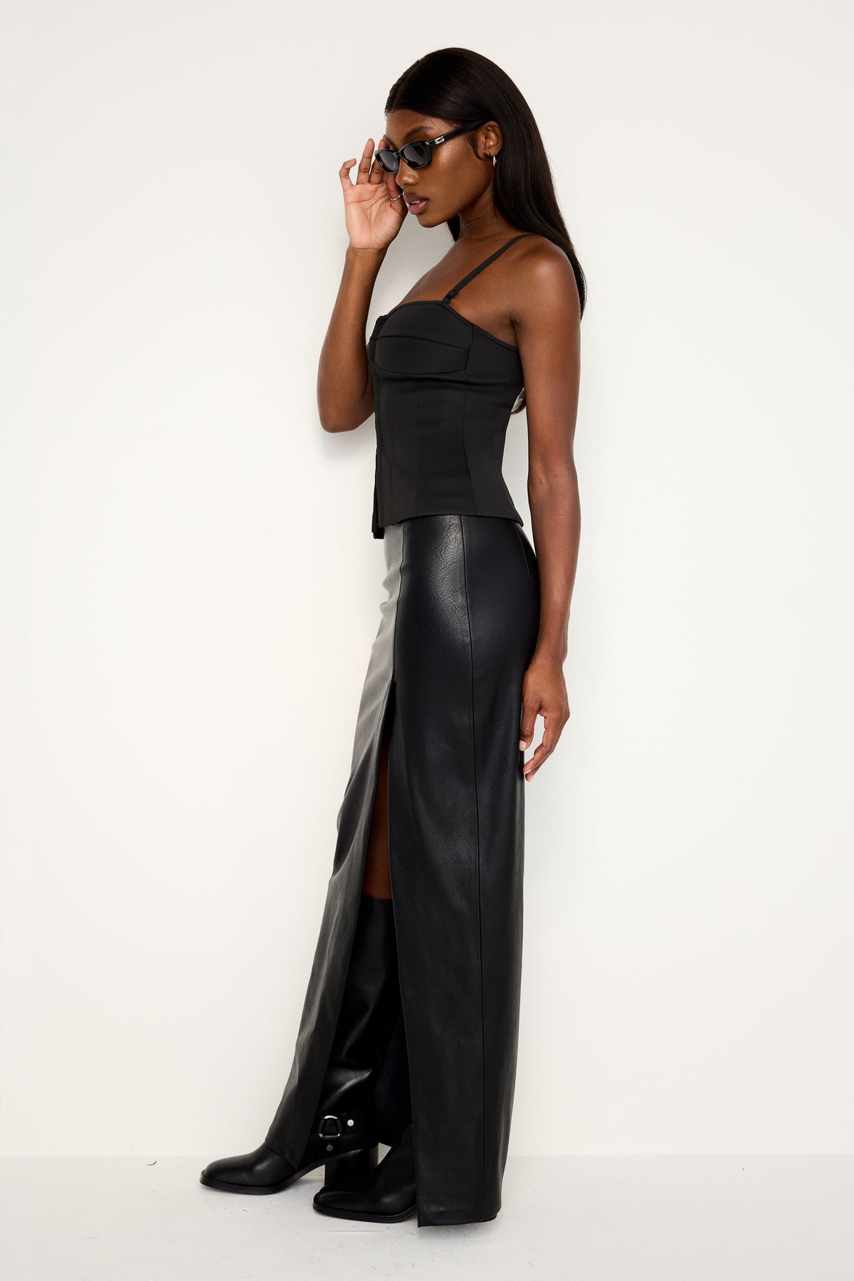 Luxury FAUX LEATHER MAXI SKIRT BLACK001