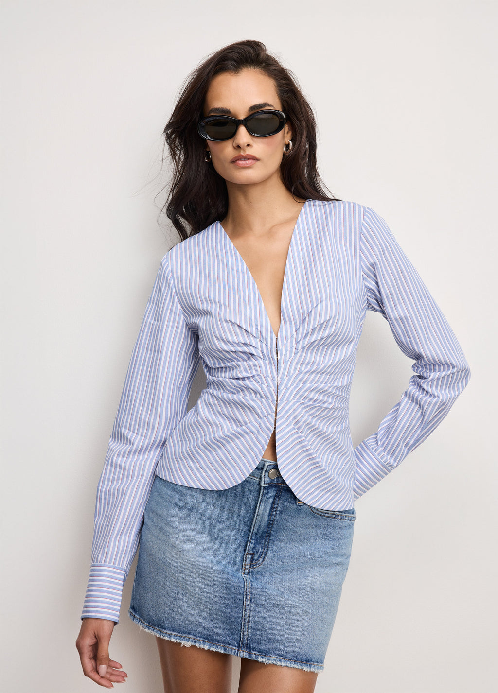 Luxury POPLIN RUCHED SHIRT VACAY STRIPE001