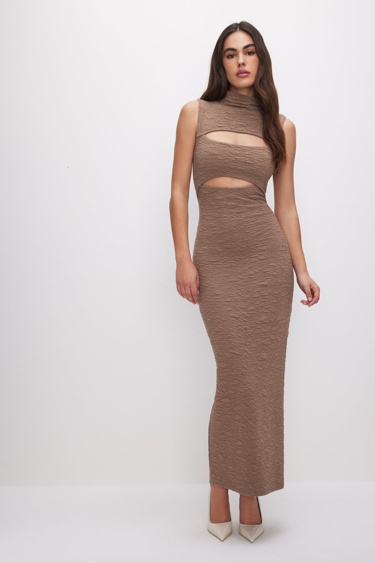 Luxury SCRUNCHIE PEEK-A-BOO MAXI DRESS PUTTY001
