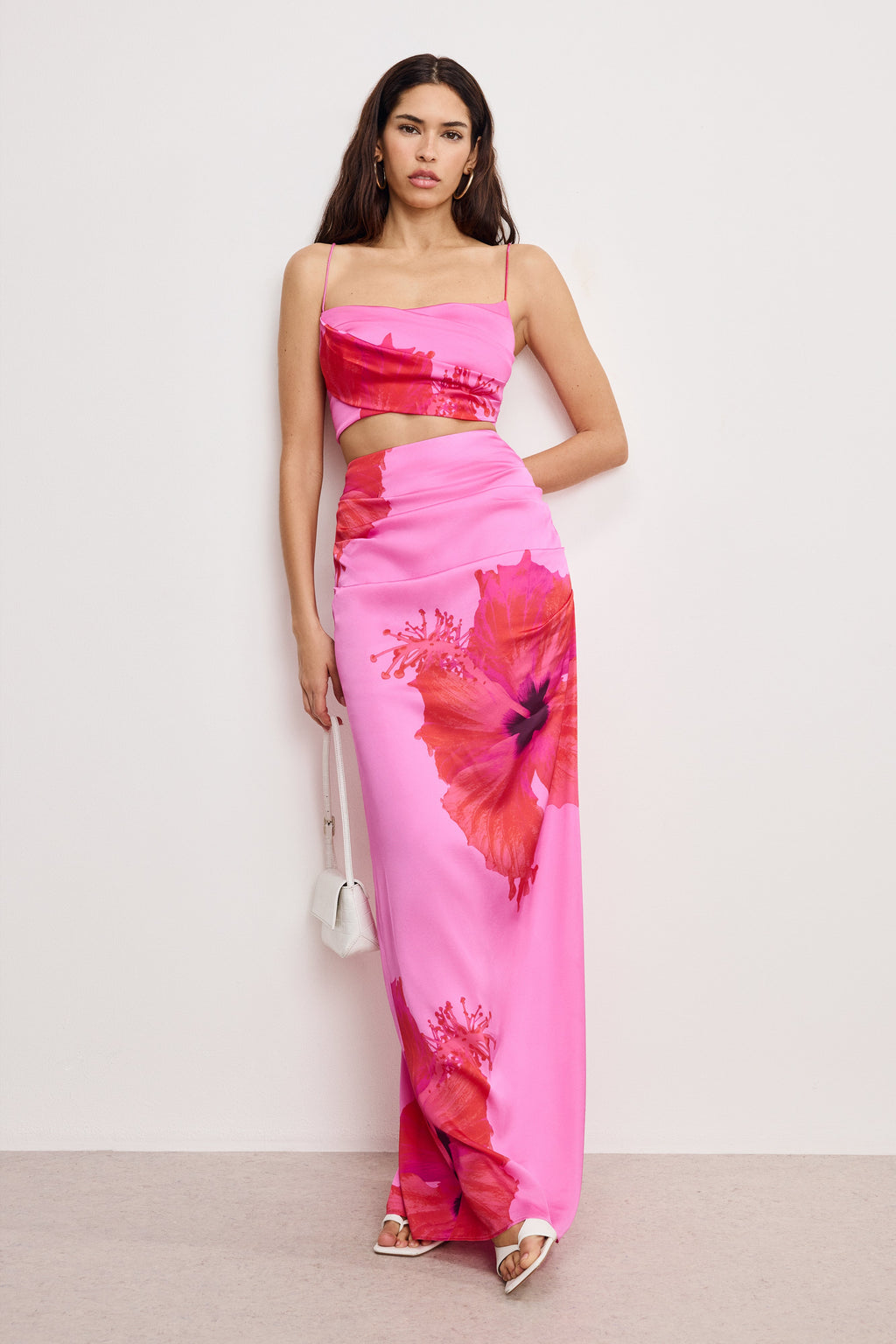 Luxury SATIN MAXI SKIRT PINK HIBISCUS002