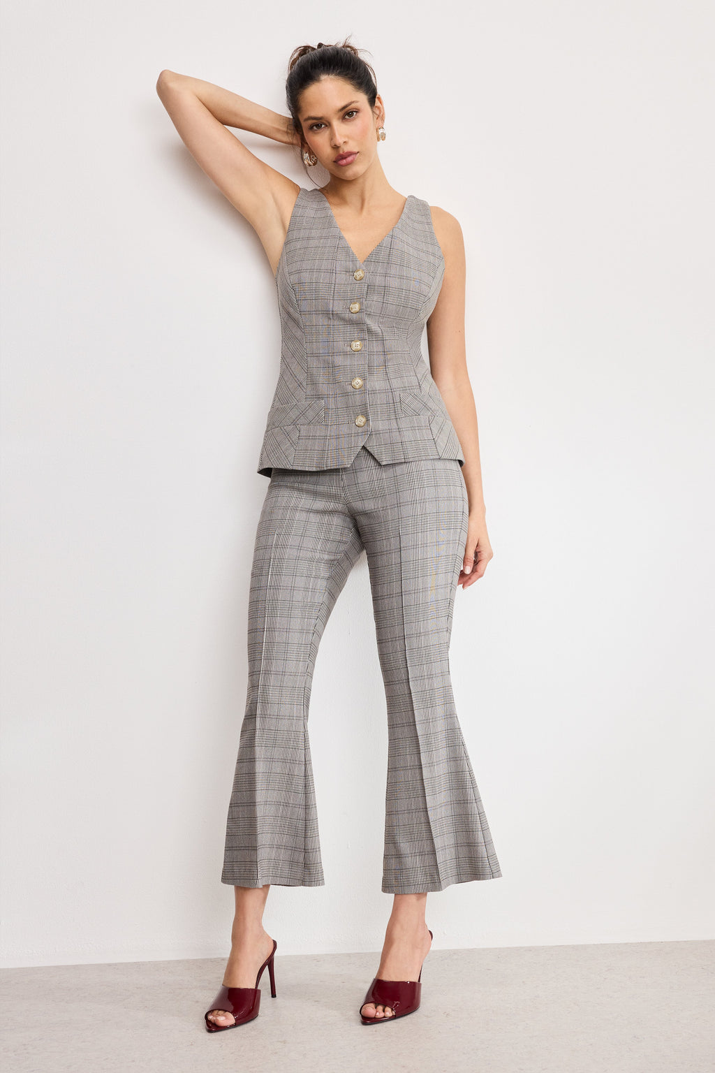 Luxury PLAID PULL ON KICK FLARE PANTS GLEN PLAID001