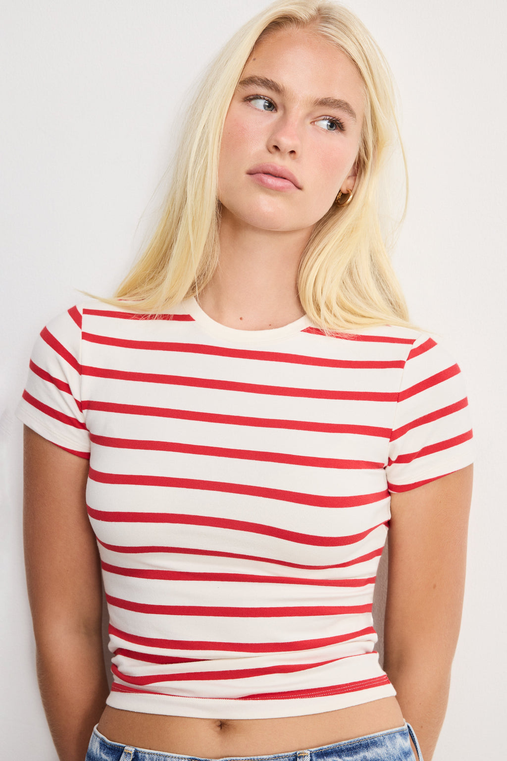 Luxury SUPER STRETCH BABY TEE ECRU & CHILI WIDE STRIPE