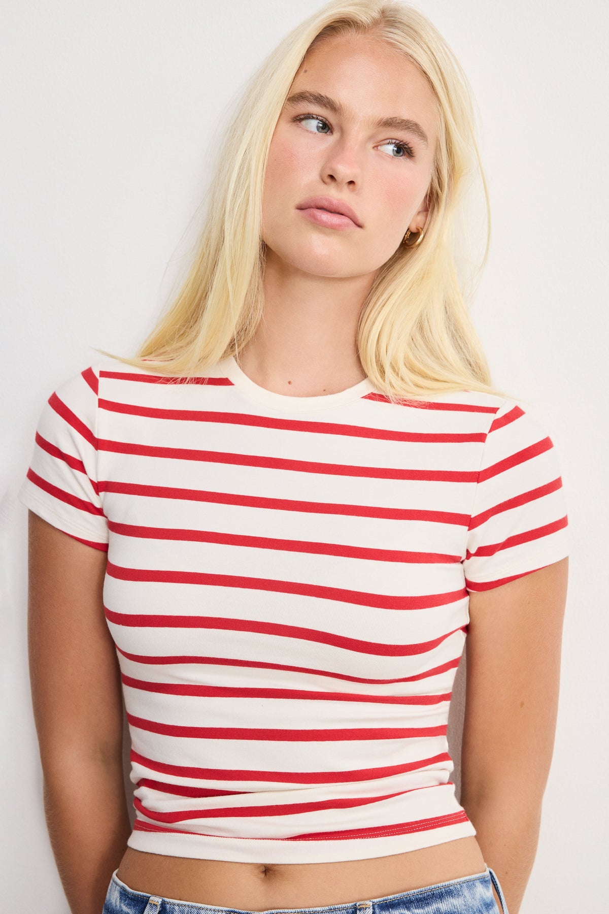 Luxury SUPER STRETCH BABY TEE ECRU & CHILI WIDE STRIPE