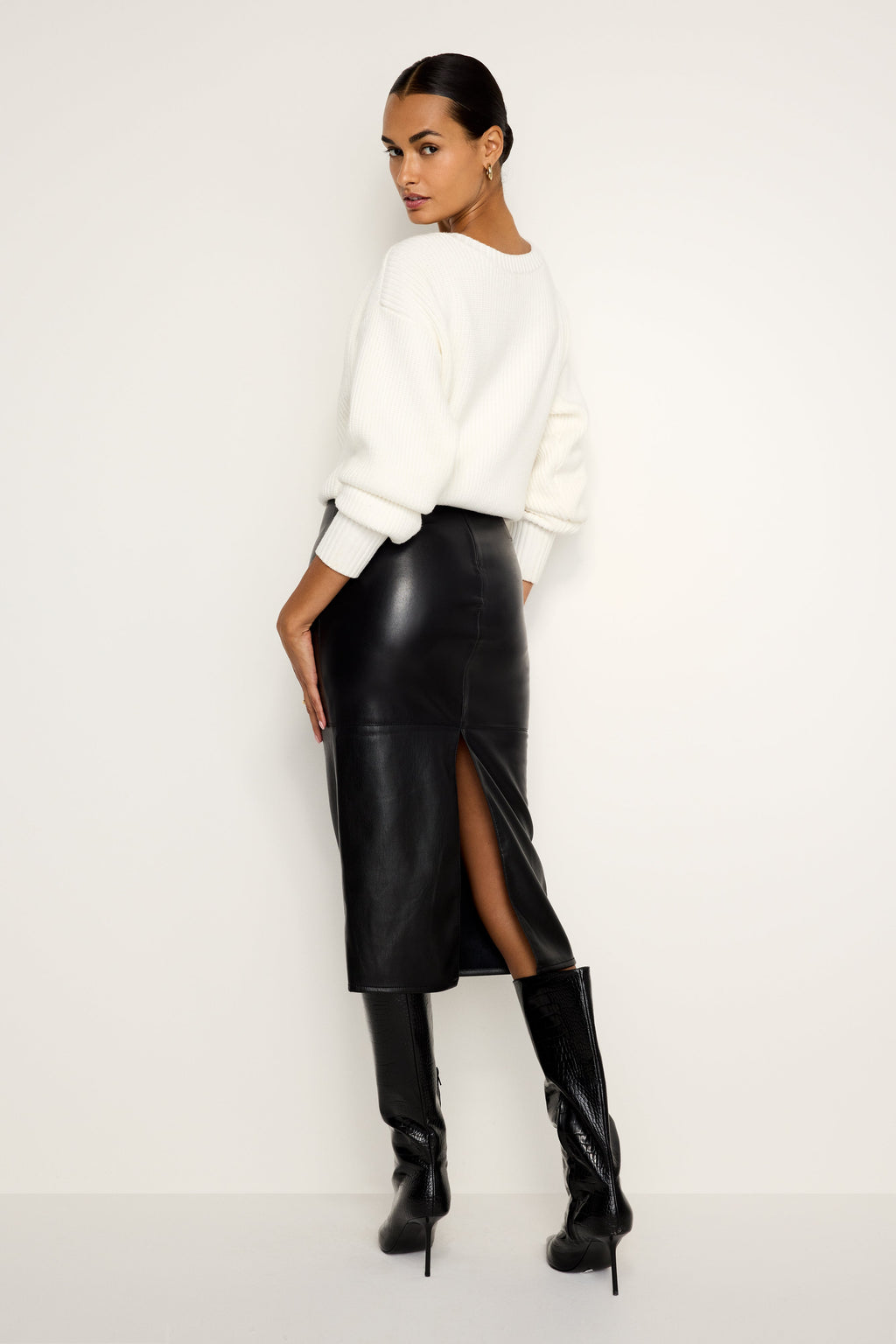 Luxury FAUX LEATHER MIDI SKIRT BLACK001