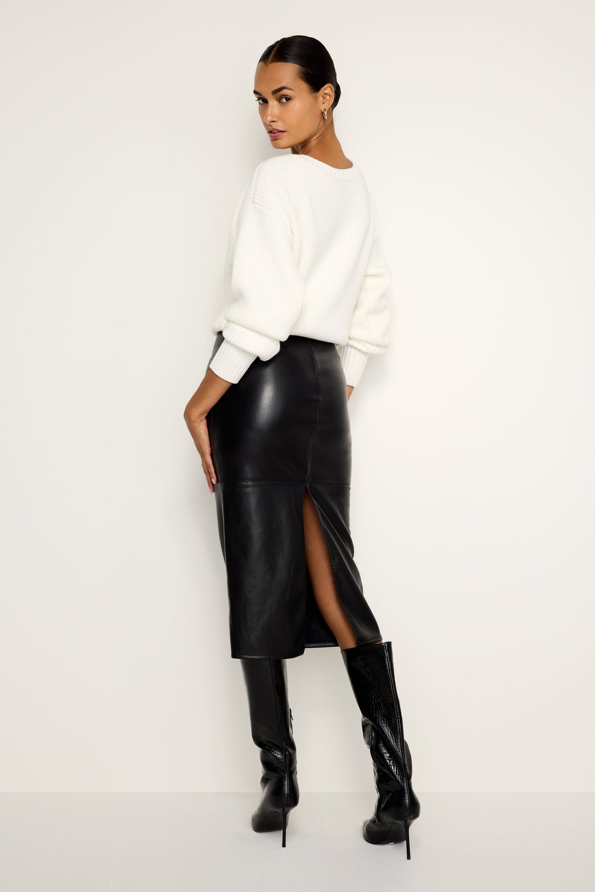 Luxury FAUX LEATHER MIDI SKIRT BLACK001