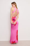 Luxury SATIN LACE UP MAXI DRESS PINK HIBISCUS002