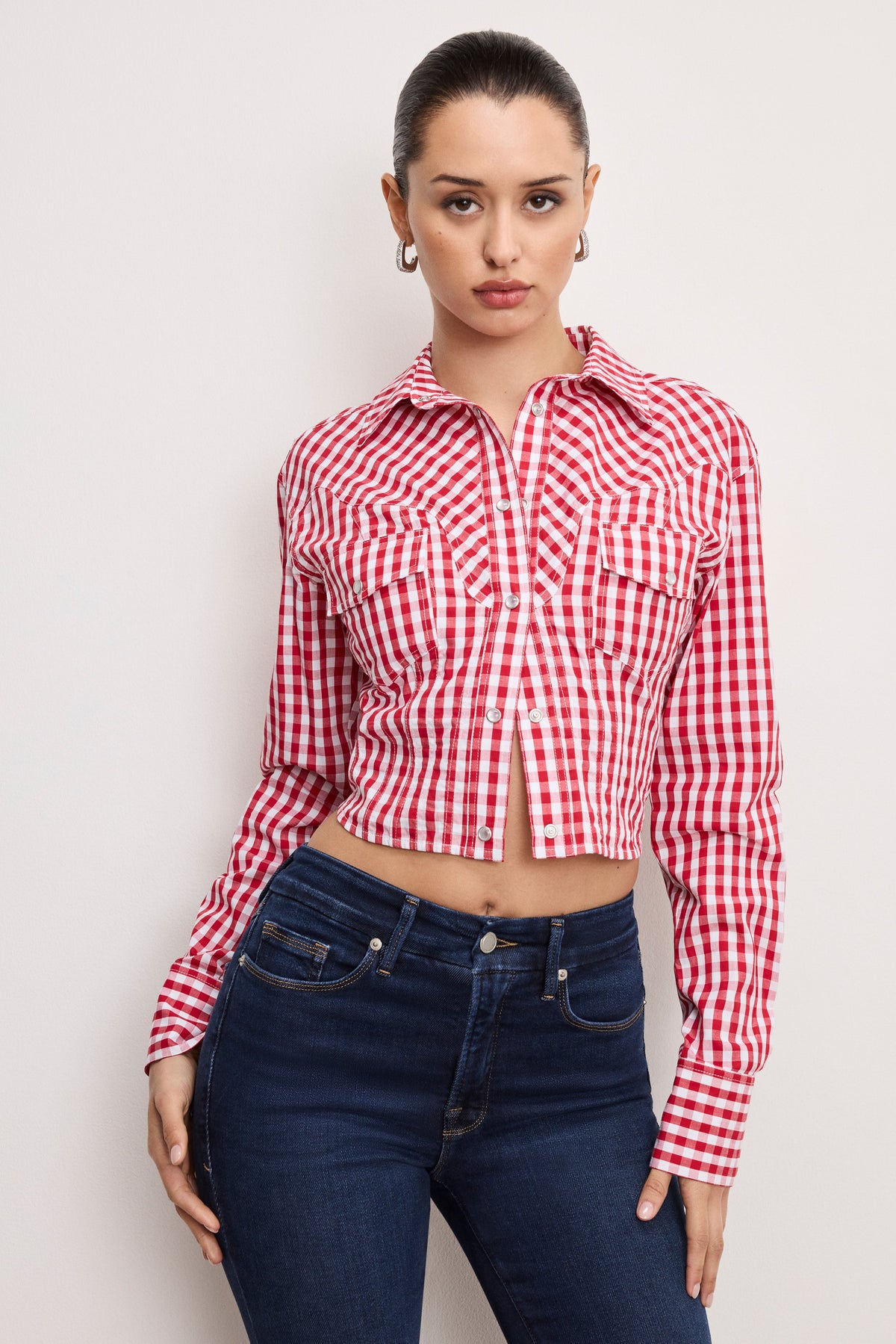 Luxury DOLLY COUNTRY CORSET SHIRT CRIMSON AND WHITE GINGHAM